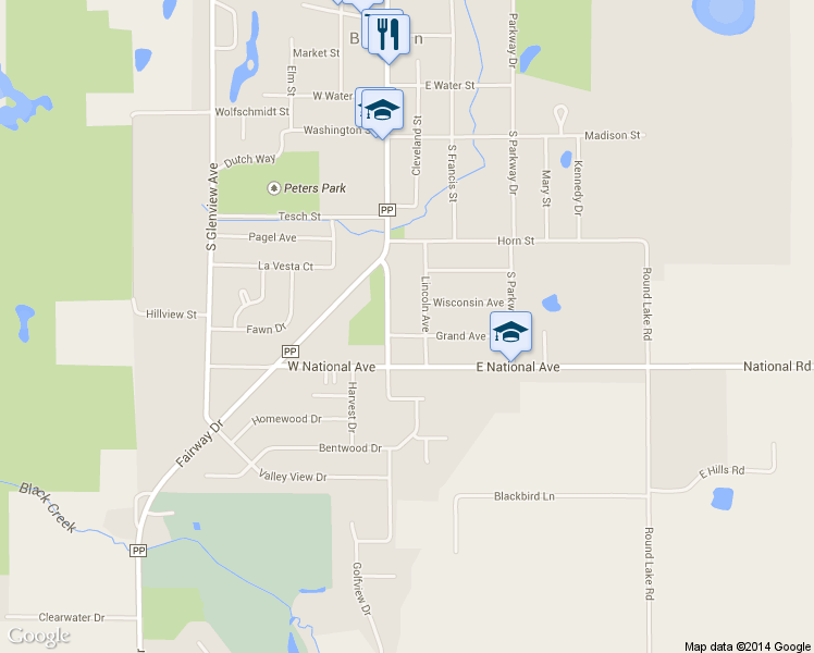 map of restaurants, bars, coffee shops, grocery stores, and more near 114 Grand Ave in Brillion