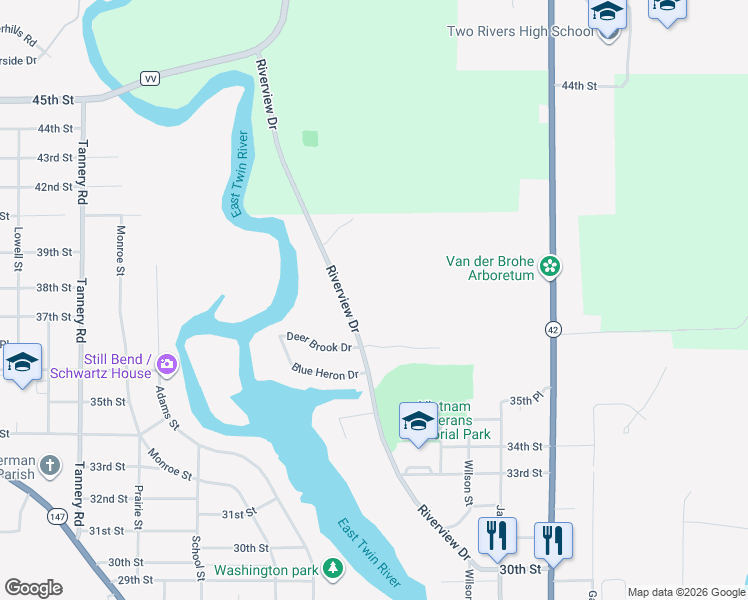 map of restaurants, bars, coffee shops, grocery stores, and more near 3659 Riverview Drive in Two Rivers