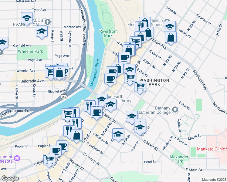 map of restaurants, bars, coffee shops, grocery stores, and more near 301 North Riverfront Drive in Mankato