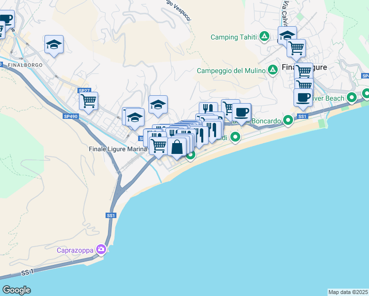 map of restaurants, bars, coffee shops, grocery stores, and more near 30 Via Tommaso Pertica in Finale Ligure