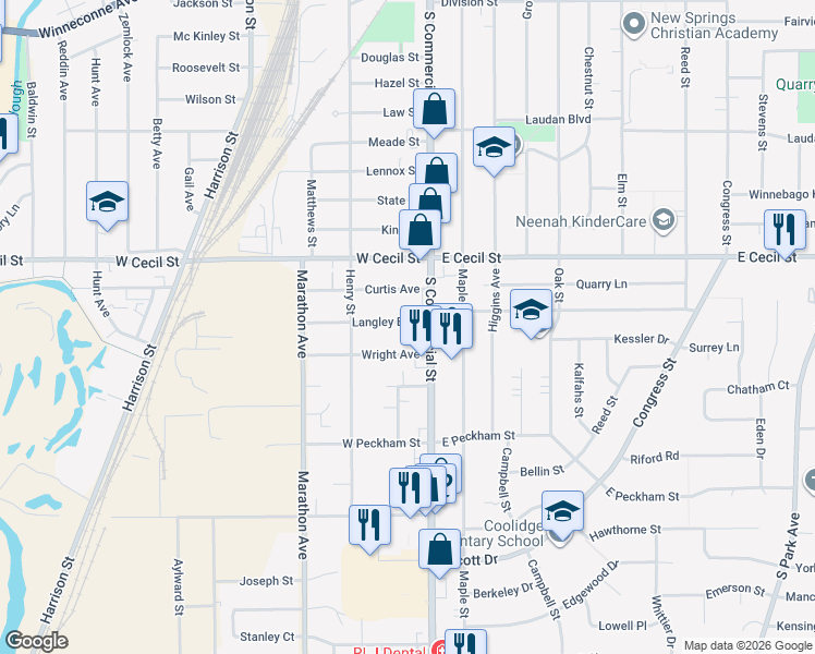 map of restaurants, bars, coffee shops, grocery stores, and more near 130 Langley Boulevard in Neenah