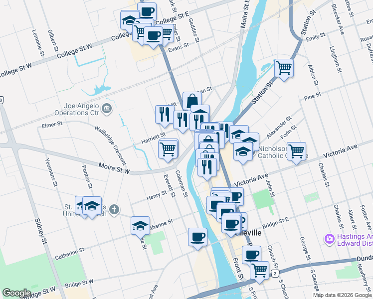 map of restaurants, bars, coffee shops, grocery stores, and more near 14 Moira Street West in Belleville