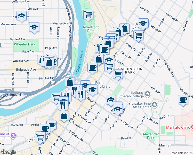 map of restaurants, bars, coffee shops, grocery stores, and more near 301 North Riverfront Drive in Mankato