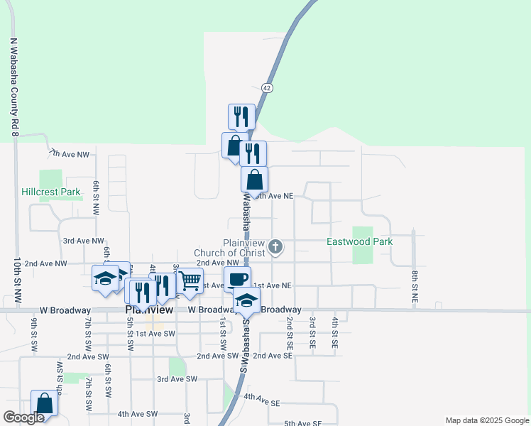 map of restaurants, bars, coffee shops, grocery stores, and more near 50 4th Avenue Northeast in Plainview