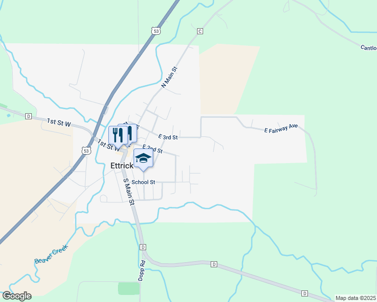 map of restaurants, bars, coffee shops, grocery stores, and more near 15546 East 2nd Street in Ettrick