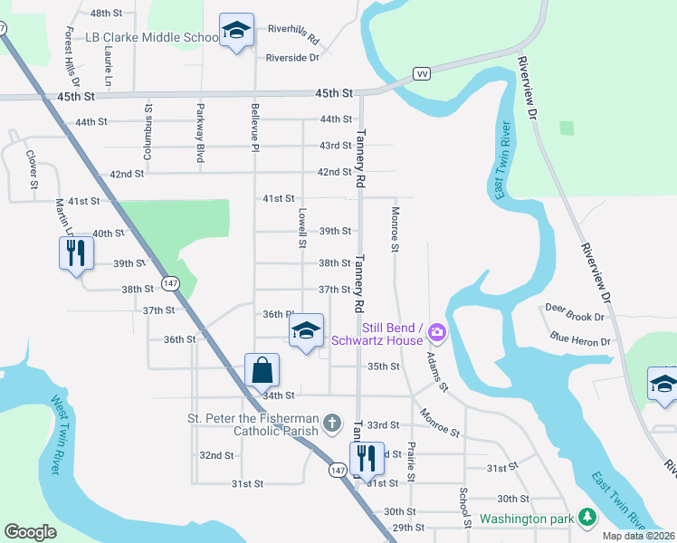 map of restaurants, bars, coffee shops, grocery stores, and more near 3710 Tannery Road in Two Rivers