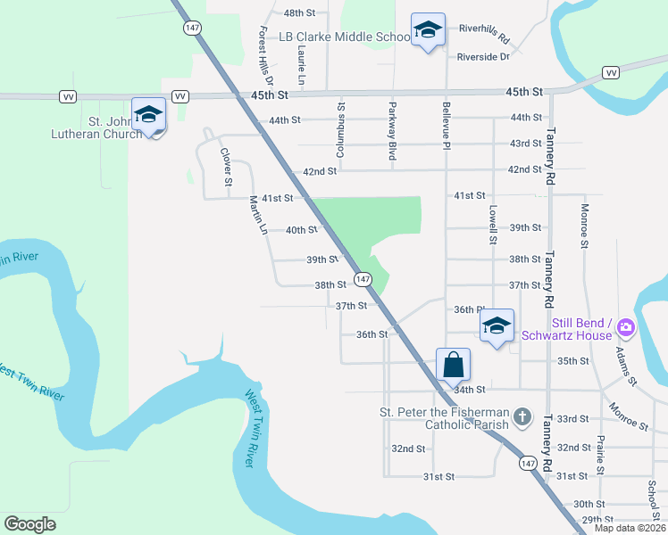 map of restaurants, bars, coffee shops, grocery stores, and more near 2823 39th Street in Two Rivers