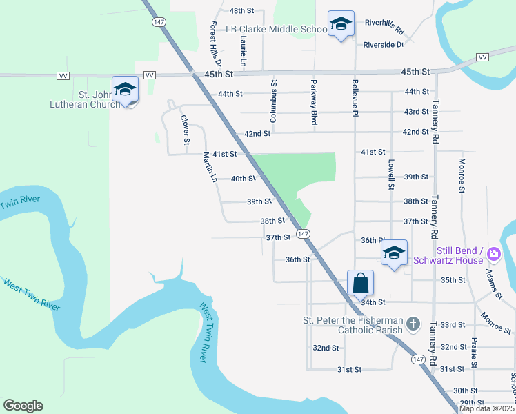 map of restaurants, bars, coffee shops, grocery stores, and more near 2823 39th Street in Two Rivers