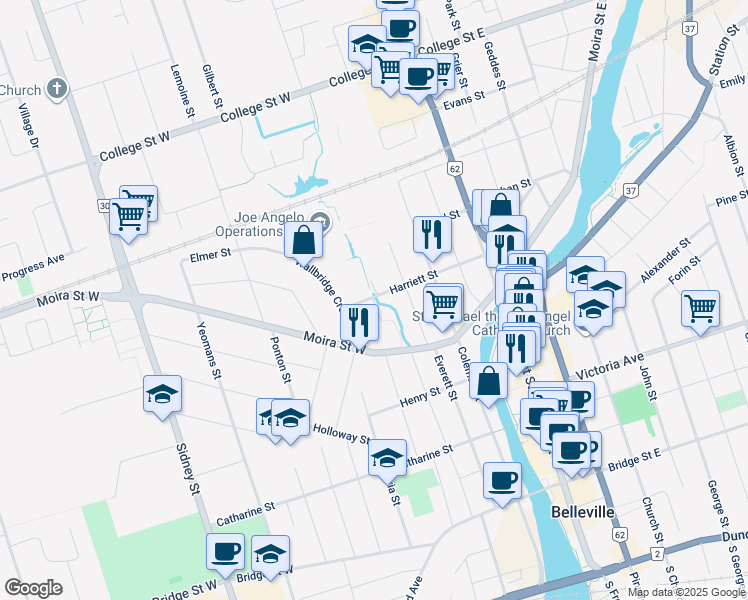 map of restaurants, bars, coffee shops, grocery stores, and more near Fahey Street in Belleville