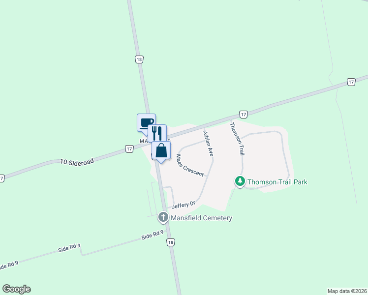 map of restaurants, bars, coffee shops, grocery stores, and more near 11 Maes Crescent in Mansfield