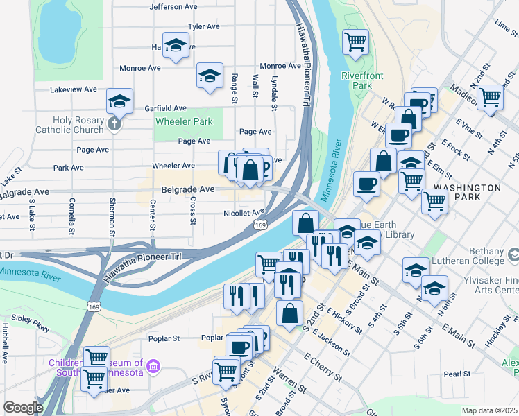 map of restaurants, bars, coffee shops, grocery stores, and more near 230 Nicollet Avenue in North Mankato