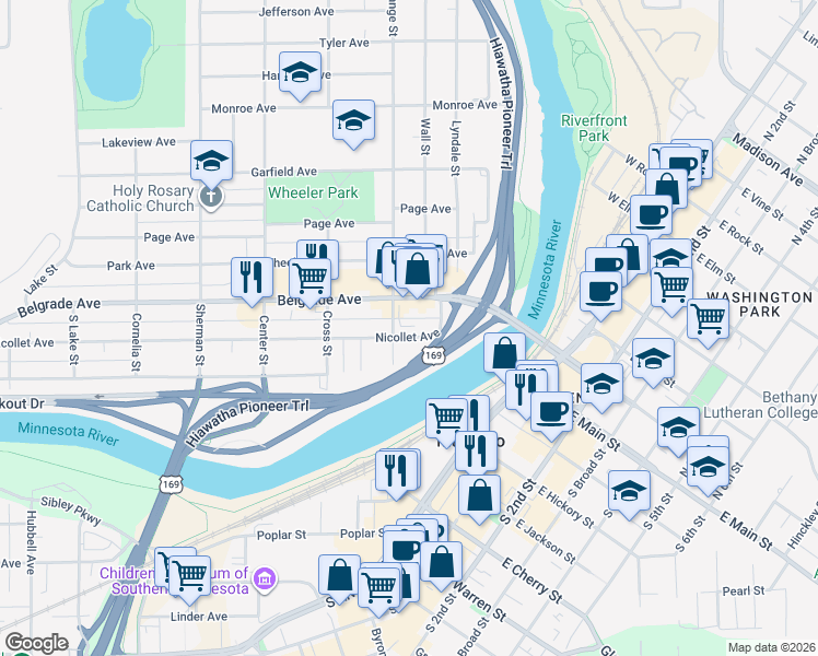 map of restaurants, bars, coffee shops, grocery stores, and more near 225 Nicollet Avenue in North Mankato