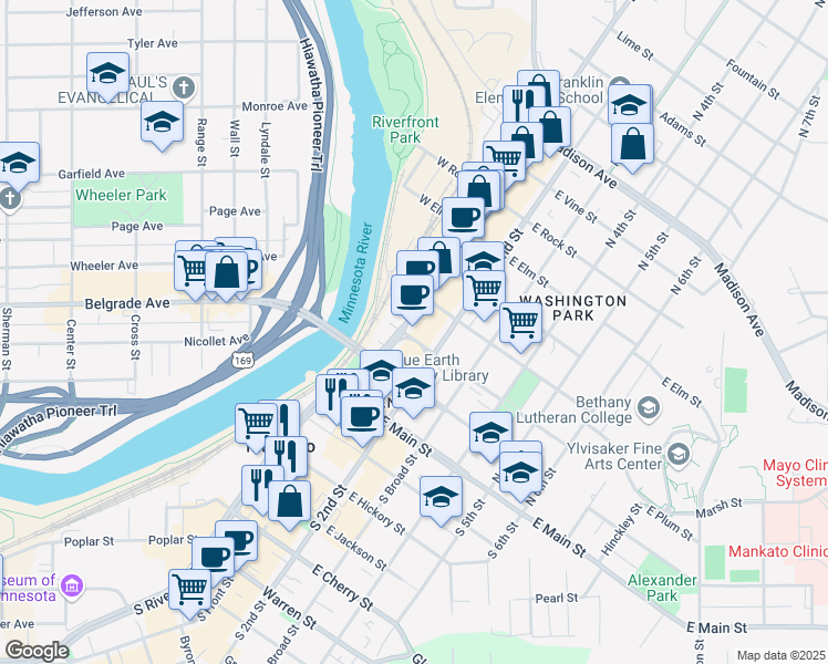 map of restaurants, bars, coffee shops, grocery stores, and more near 301 North Riverfront Drive in Mankato
