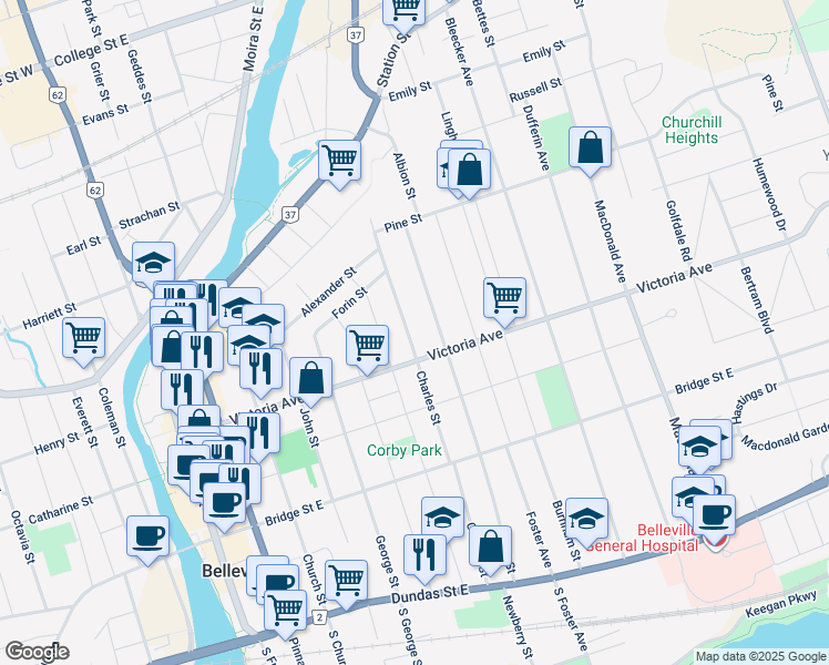map of restaurants, bars, coffee shops, grocery stores, and more near 273 Charles Street in Belleville