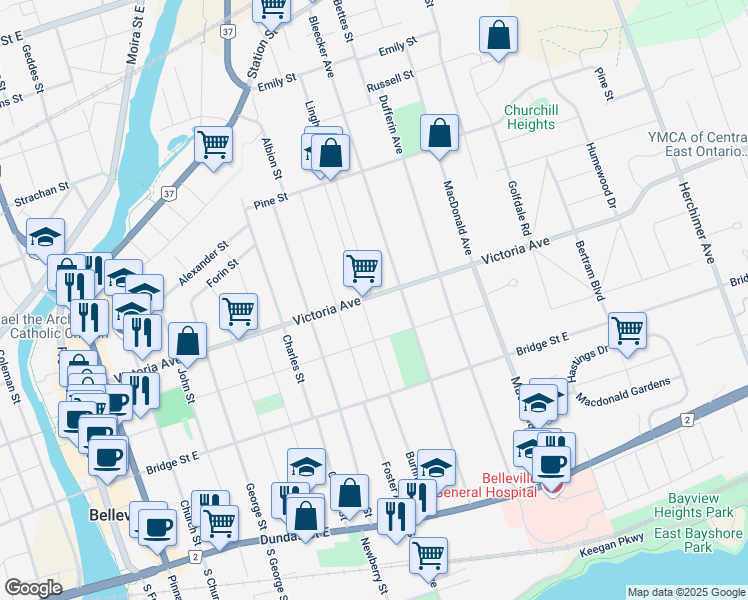 map of restaurants, bars, coffee shops, grocery stores, and more near 193 Victoria Avenue in Belleville
