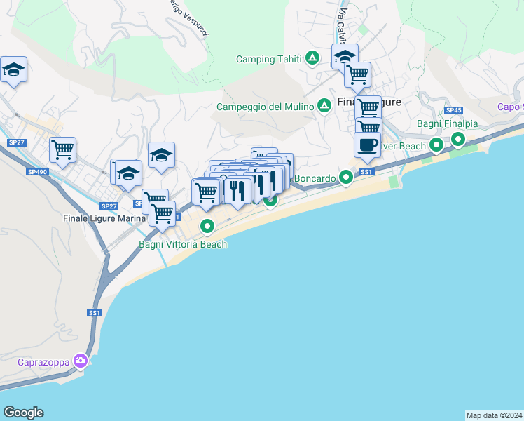map of restaurants, bars, coffee shops, grocery stores, and more near Lungomare Augusto Migliorini in Finale Ligure