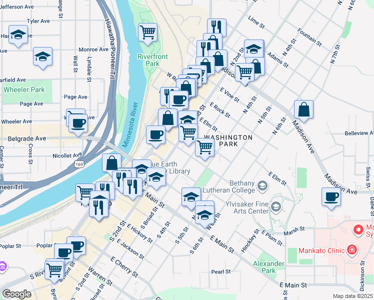 map of restaurants, bars, coffee shops, grocery stores, and more near 330 North Broad Street in Mankato
