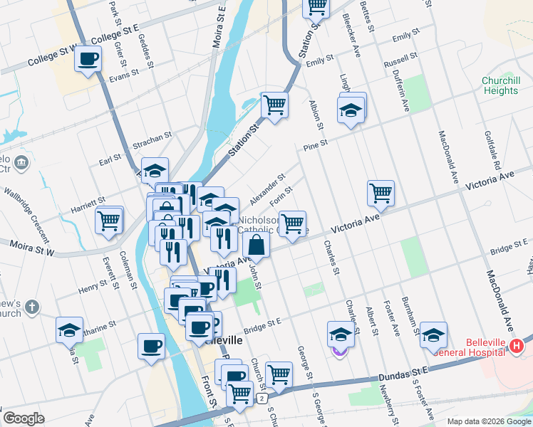 map of restaurants, bars, coffee shops, grocery stores, and more near 7 Forin Street in Belleville