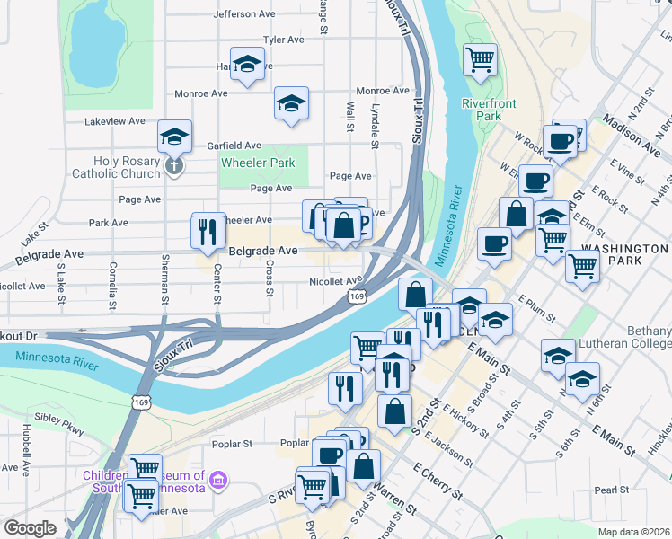 map of restaurants, bars, coffee shops, grocery stores, and more near 225 Nicollet Avenue in North Mankato