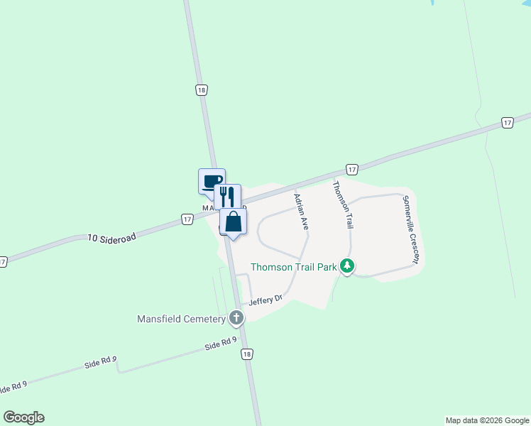 map of restaurants, bars, coffee shops, grocery stores, and more near 6 Maes Crescent in Dufferin County