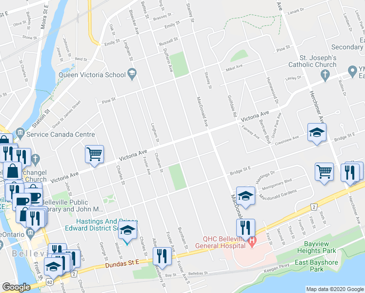 map of restaurants, bars, coffee shops, grocery stores, and more near 215 Victoria Avenue in Belleville