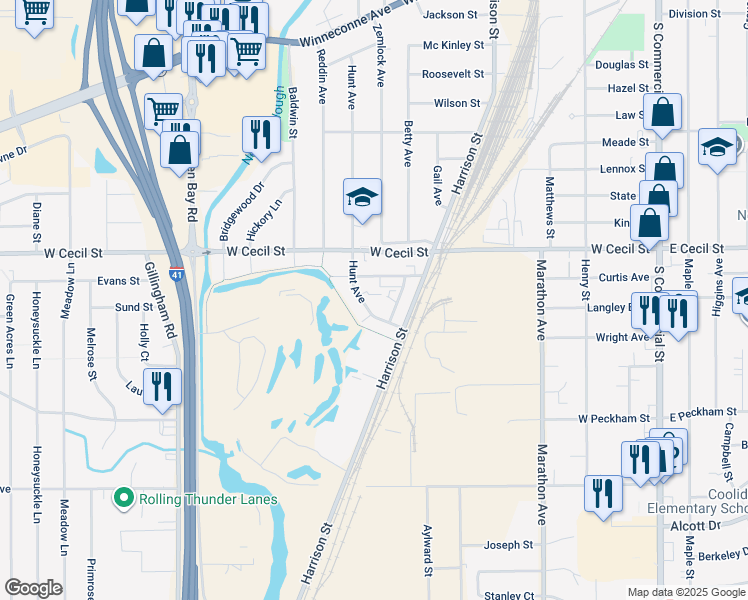 map of restaurants, bars, coffee shops, grocery stores, and more near 1033 Hunt Avenue in Neenah