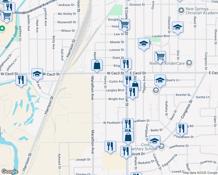 map of restaurants, bars, coffee shops, grocery stores, and more near 130 Langley Boulevard in Neenah