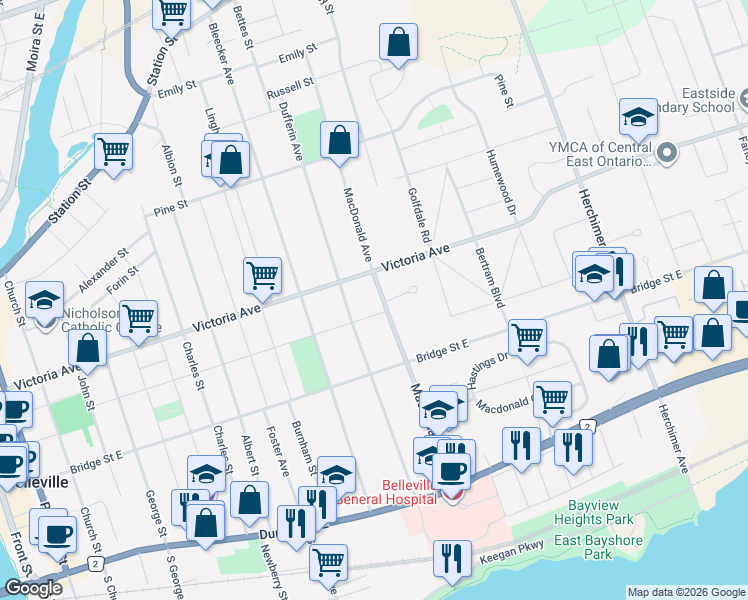 map of restaurants, bars, coffee shops, grocery stores, and more near 250 Macdonald Avenue in Belleville