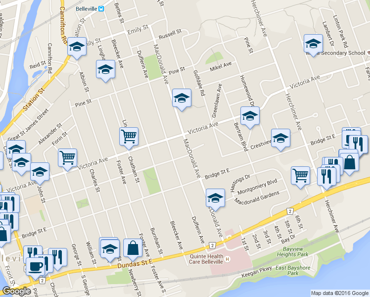 map of restaurants, bars, coffee shops, grocery stores, and more near 250 Macdonald Avenue in Belleville