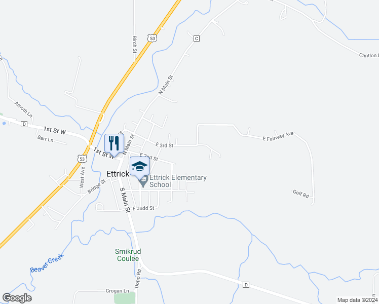 map of restaurants, bars, coffee shops, grocery stores, and more near 15546 East 2nd Street in Ettrick