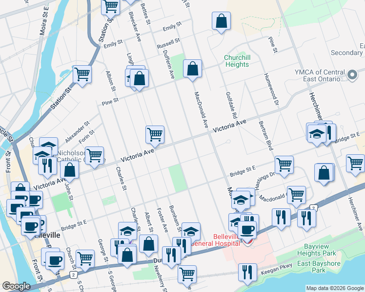 map of restaurants, bars, coffee shops, grocery stores, and more near 215 Victoria Avenue in Belleville