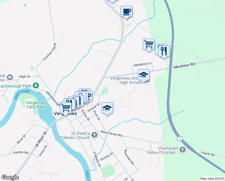 map of restaurants, bars, coffee shops, grocery stores, and more near 12 Walker Avenue in Vergennes