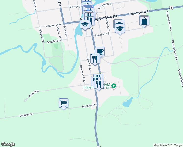 map of restaurants, bars, coffee shops, grocery stores, and more near 394 Queen Street South in West Grey