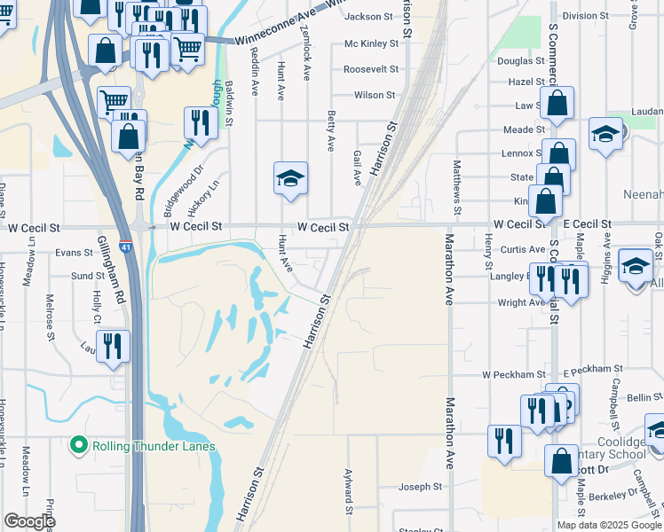 map of restaurants, bars, coffee shops, grocery stores, and more near 1033 Brookwood Drive in Neenah