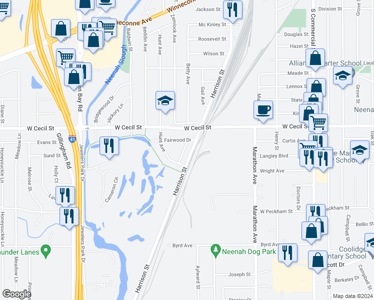 map of restaurants, bars, coffee shops, grocery stores, and more near 1042 Brookwood Drive in Neenah