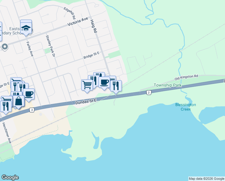 map of restaurants, bars, coffee shops, grocery stores, and more near 652 Dundas Street East in Belleville
