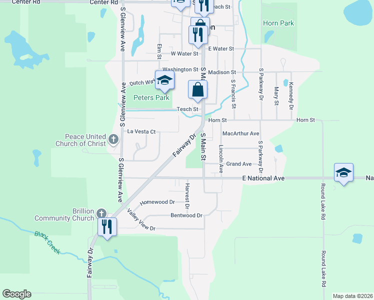 map of restaurants, bars, coffee shops, grocery stores, and more near 566 South Main Street in Brillion