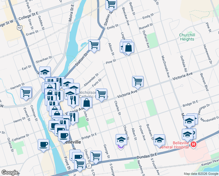 map of restaurants, bars, coffee shops, grocery stores, and more near 284 Charles Street in Belleville