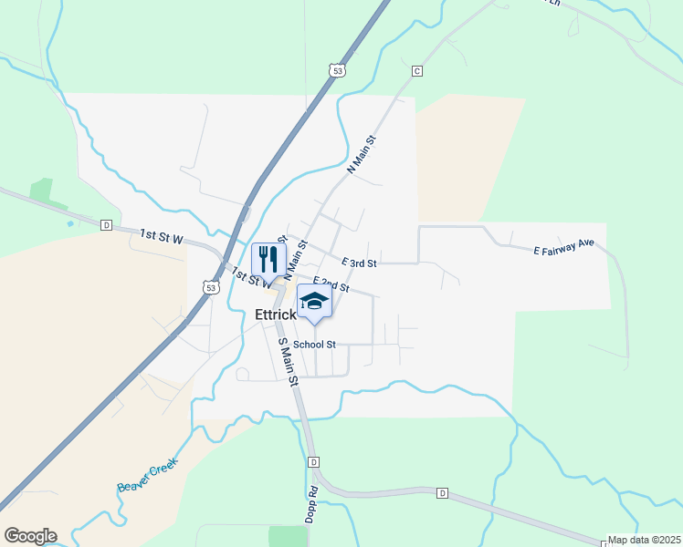 map of restaurants, bars, coffee shops, grocery stores, and more near 15633 East 2nd Street in Ettrick