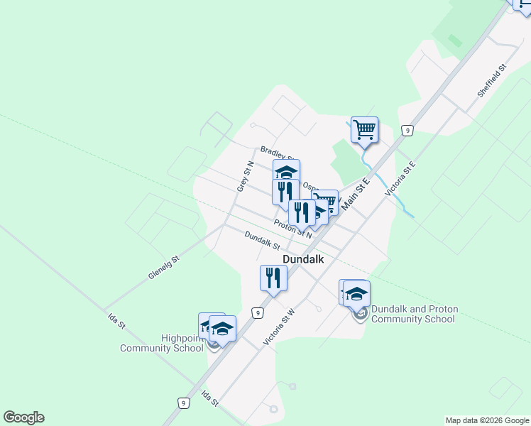 map of restaurants, bars, coffee shops, grocery stores, and more near 121 Proton Street North in Dundalk
