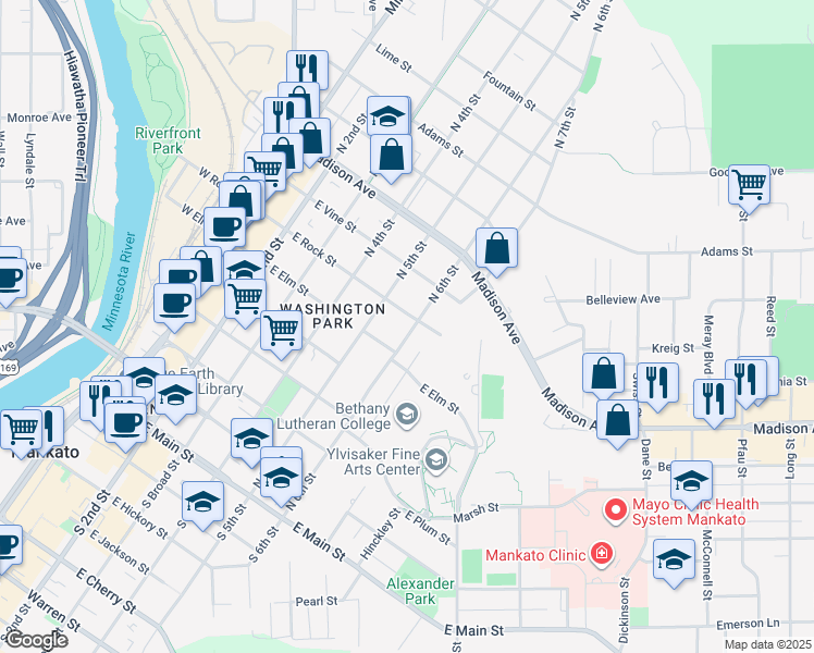 map of restaurants, bars, coffee shops, grocery stores, and more near 528 North 6th Street in Mankato