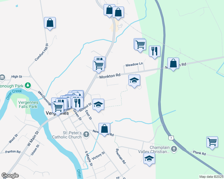 map of restaurants, bars, coffee shops, grocery stores, and more near 31 Mountain View Lane in Vergennes