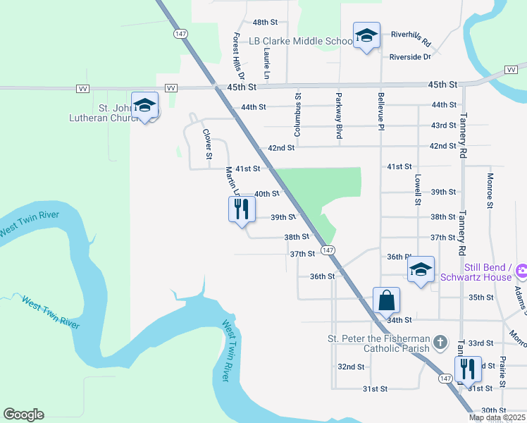 map of restaurants, bars, coffee shops, grocery stores, and more near 2934 38th Street in Two Rivers