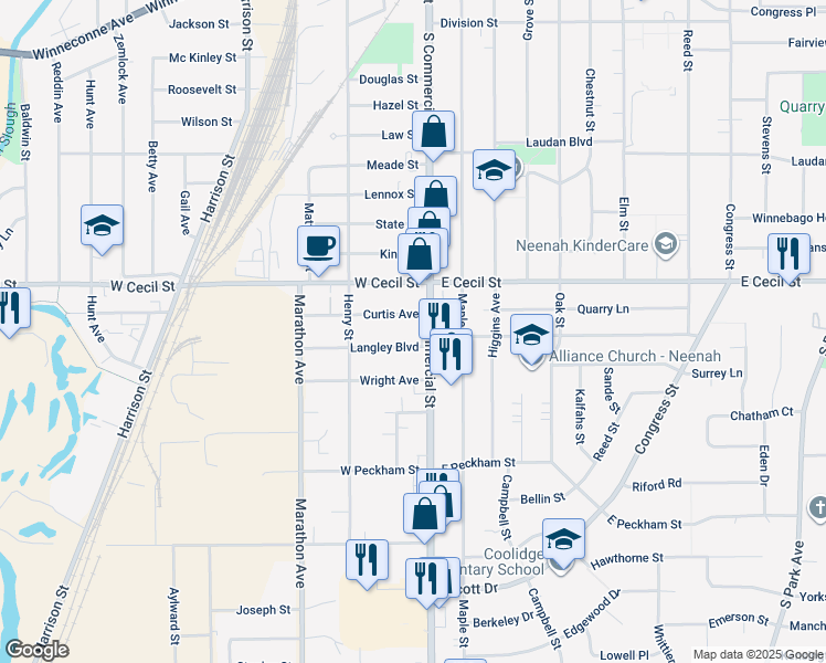 map of restaurants, bars, coffee shops, grocery stores, and more near 1115 South Commercial Street in Neenah