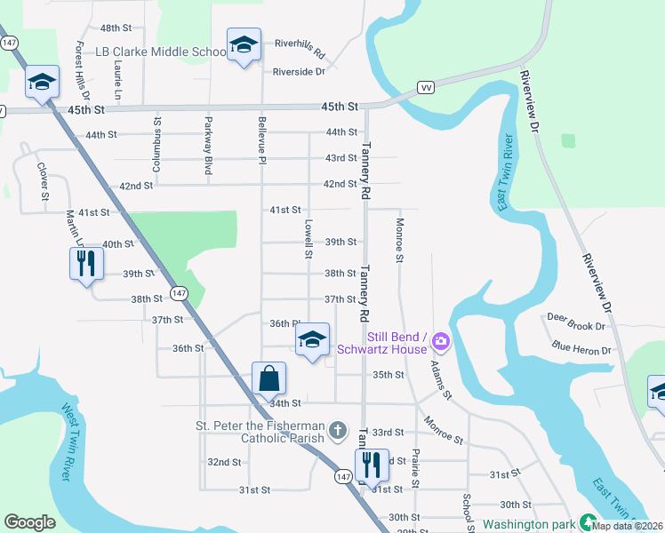 map of restaurants, bars, coffee shops, grocery stores, and more near 2336 37th Street in Two Rivers