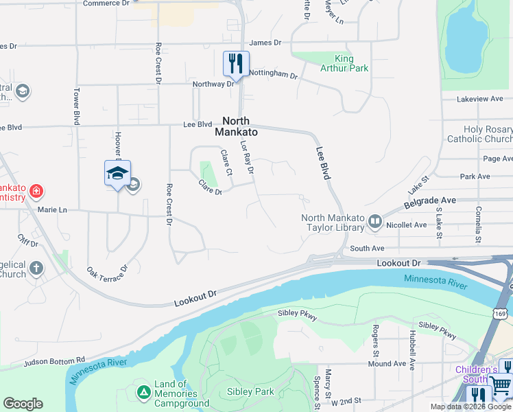 map of restaurants, bars, coffee shops, grocery stores, and more near 1304 Noretta Drive in North Mankato