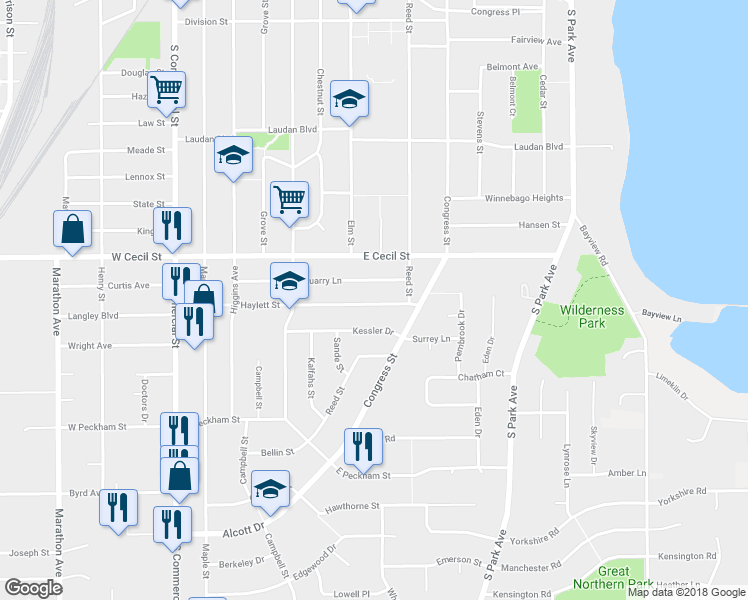 map of restaurants, bars, coffee shops, grocery stores, and more near 630 Haylett Street in Neenah