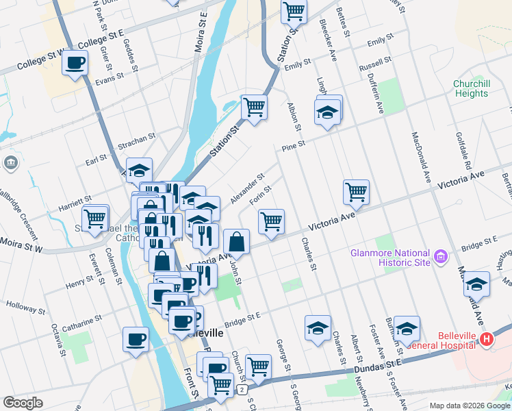 map of restaurants, bars, coffee shops, grocery stores, and more near 280 William Street in Belleville