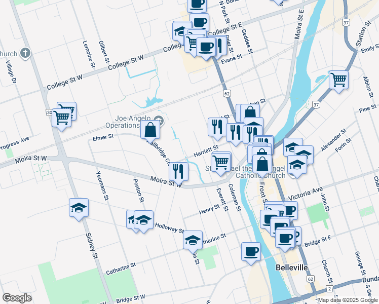 map of restaurants, bars, coffee shops, grocery stores, and more near Fahey Street in Belleville