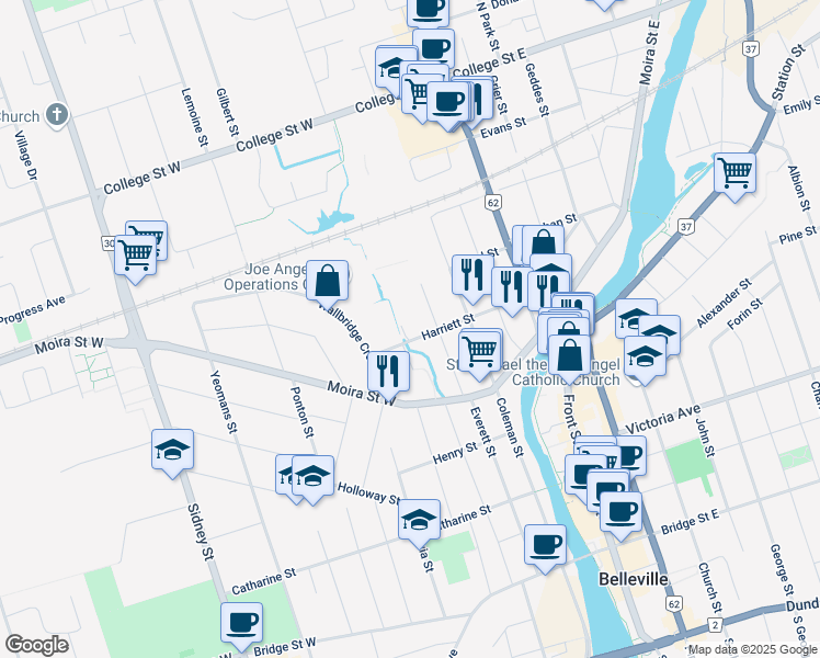 map of restaurants, bars, coffee shops, grocery stores, and more near 66 Harriett Street in Belleville